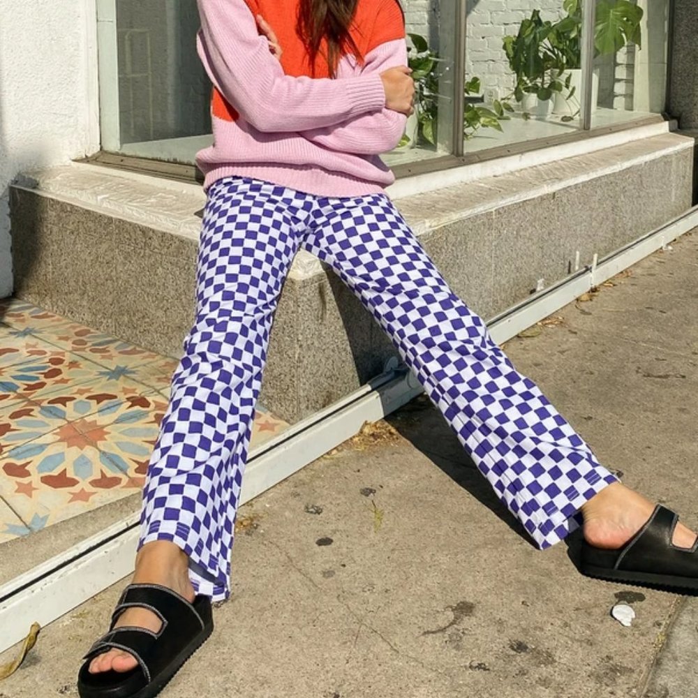 Checked Crop Ankle Pants - Purple/White